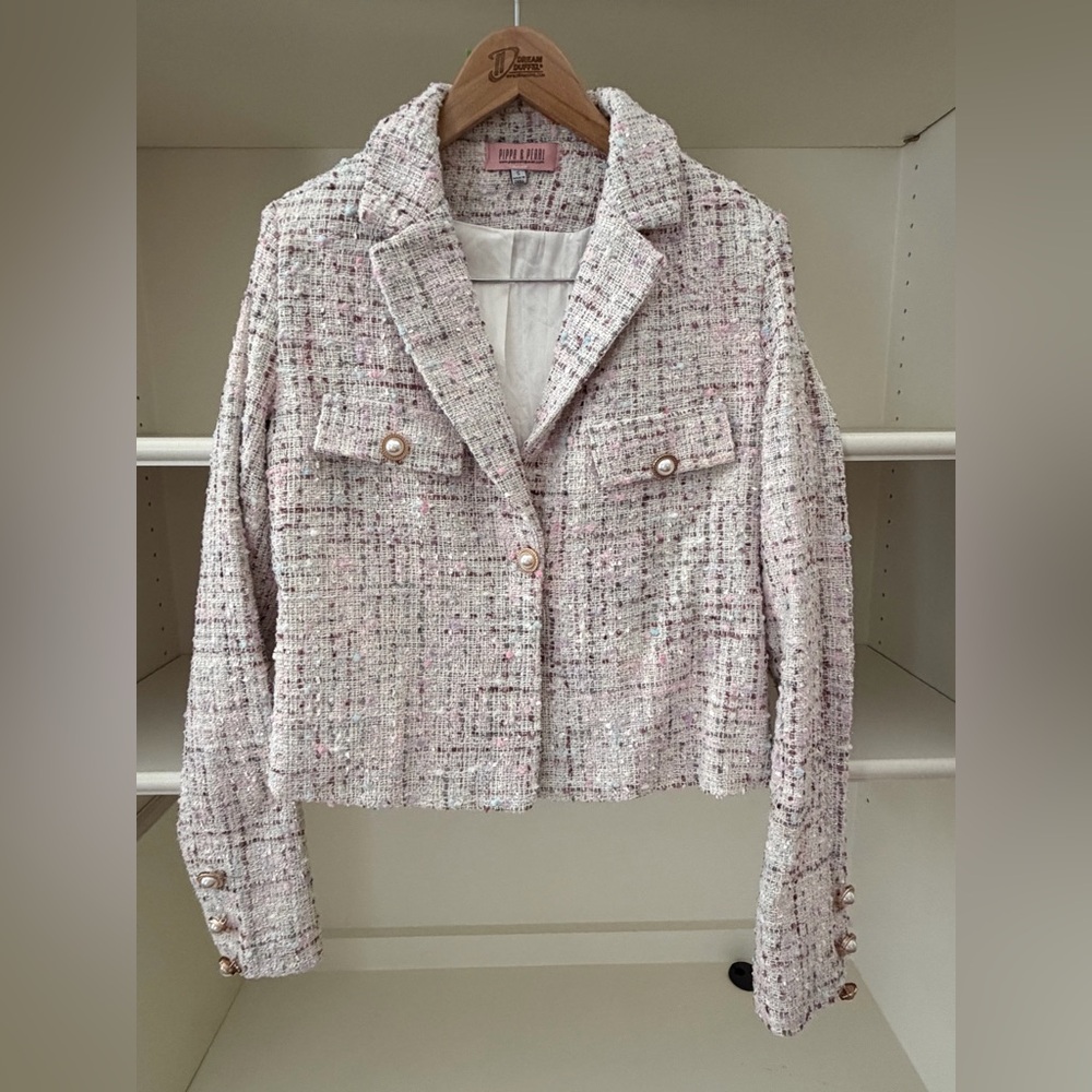 Pippa & Julie Light Pink Tweed Cropped Blazer with Pearl Buttons